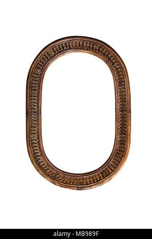 Wooden mirror frame border old oval brown on white background single one aged classic traditional decorative antique unique style. Stock Photo