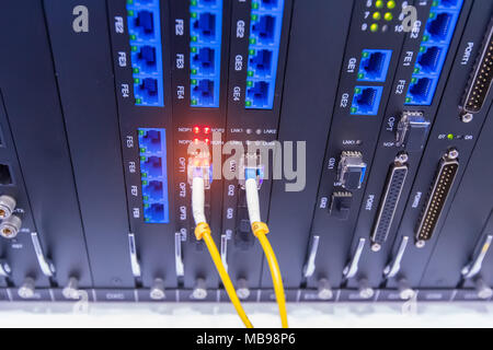 Fiber optic cable connected to card interface of networking switch Stock Photo