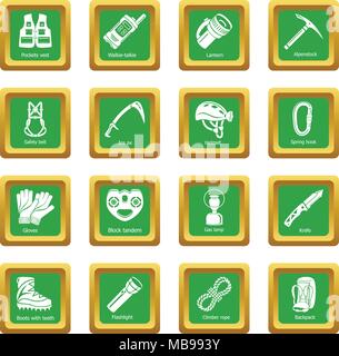 Speleology equipment icons set green square vector Stock Vector