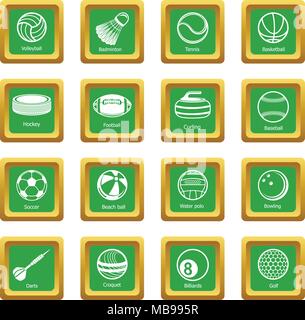 Sport balls equipment icons set green square vector Stock Vector