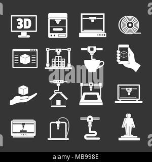 Set of 3D Printing Grey Icons. Industrial Printer, Plastic Thread Reels ...