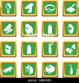 Welding tools icons set green square vector Stock Vector