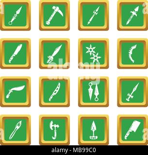 Steel arms items icons set green square vector Stock Vector