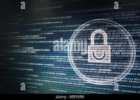 White graphic symbol of a padlock on binary computer display - computer data protection. Internet Business password Cyber security system concept Stock Photo