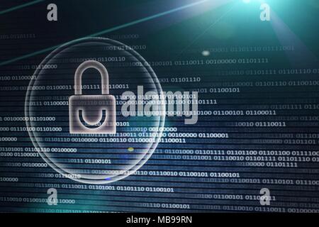 White graphic symbol of a padlock on binary computer display - computer data protection. Internet Business password Cyber security system concept Stock Photo