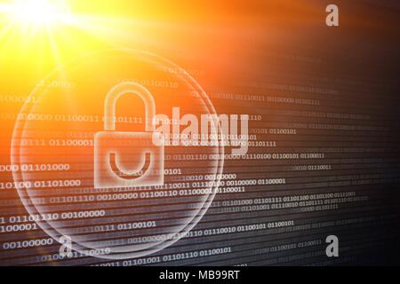 White graphic symbol of a padlock on binary computer display - computer data protection. Internet Business password Cyber security system concept Stock Photo