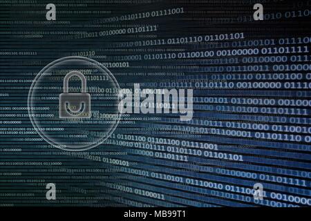 White graphic symbol of a padlock on binary computer display - computer data protection. Internet Business password Cyber security system concept Stock Photo