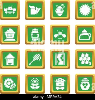 Apiary honey icons set green square vector Stock Vector