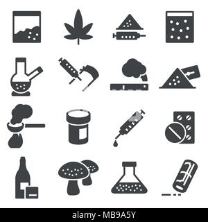Vector drugs, addiction, marijuana, syringe icons set on white background Stock Vector