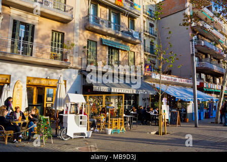 Restaurant terraces, Passeig de Joan de Borbo, La Barceloneta, Barcelona, Catalonia, Spain Stock Photo