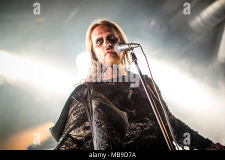 Norway, Oslo - March 29, 2018. The Canadian extreme metal band Erimha performs a live concert at Rockefeller during the Norwegian metal festival Inferno Metal Festival 2018 in Oslo. Here vocalist Michel Lussier is seen live on stage. (Photo credit: Gonzales Photo - Terje Dokken). Stock Photo