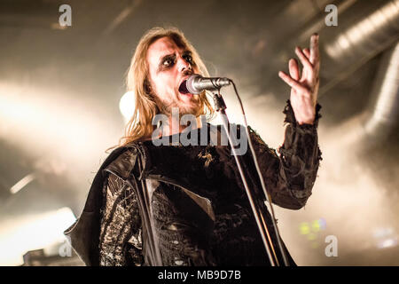 Norway, Oslo - March 29, 2018. The Canadian extreme metal band Erimha performs a live concert at Rockefeller during the Norwegian metal festival Inferno Metal Festival 2018 in Oslo. Here vocalist Michel Lussier is seen live on stage. (Photo credit: Gonzales Photo - Terje Dokken). Stock Photo