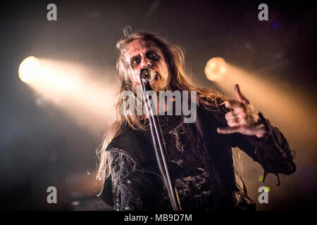 Norway, Oslo - March 29, 2018. The Canadian extreme metal band Erimha performs a live concert at Rockefeller during the Norwegian metal festival Inferno Metal Festival 2018 in Oslo. Here vocalist Michel Lussier is seen live on stage. (Photo credit: Gonzales Photo - Terje Dokken). Stock Photo