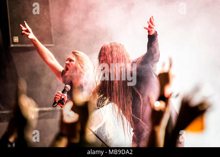 Norway, Oslo - March 29, 2018. The American death metal band Obituary performs a live concert at Rockefeller during the Norwegian metal festival Inferno Metal Festival 2018 in Oslo. Here vocalist John Tardy is seen live on stage. (Photo credit: Gonzales Photo - Terje Dokken). Stock Photo