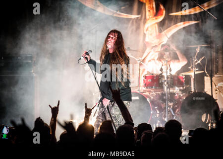 Norway, Oslo - March 29, 2018. The American death metal band Obituary performs a live concert at Rockefeller during the Norwegian metal festival Inferno Metal Festival 2018 in Oslo. Here vocalist John Tardy is seen live on stage. (Photo credit: Gonzales Photo - Terje Dokken). Stock Photo