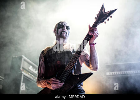 Norway, Oslo - March 29, 2018. The Norwegian symphonic black metal band Odium performs a live concert at Rockefeller during the Norwegian metal festival Inferno Metal Festival 2018 in Oslo. Here guitarist Destructhor is seen live on stage. (Photo credit: Gonzales Photo - Terje Dokken). Stock Photo