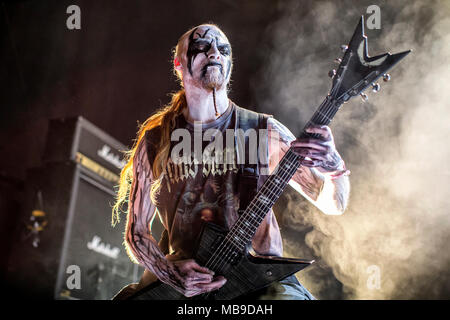 Norway, Oslo - March 29, 2018. The Norwegian symphonic black metal band Odium performs a live concert at Rockefeller during the Norwegian metal festival Inferno Metal Festival 2018 in Oslo. Here guitarist Destructhor is seen live on stage. (Photo credit: Gonzales Photo - Terje Dokken). Stock Photo