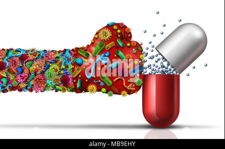 Antibiotic resistant germs as virus or bacteria cells as a deadly mutated viral disease attacking a pill with a punch as a medical pathology. Stock Photo