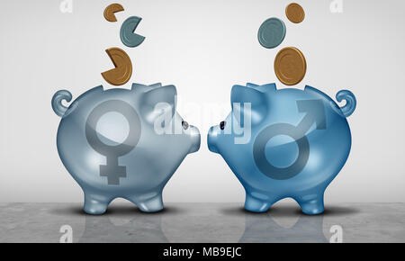 Pay equity and economic gender gap business concept as two piggy bank objects with male and female symbol showing salary inequality. Stock Photo