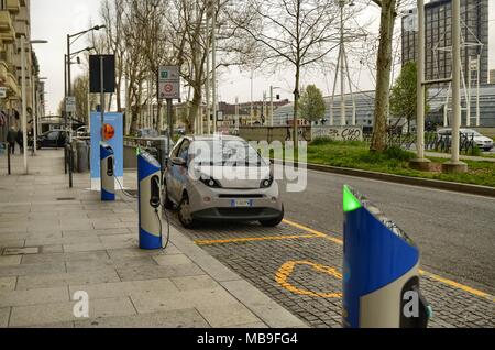 Turin, Italy, Piedmont April 08 2018. Electric car rental, parking with fast charging points. Stock Photo