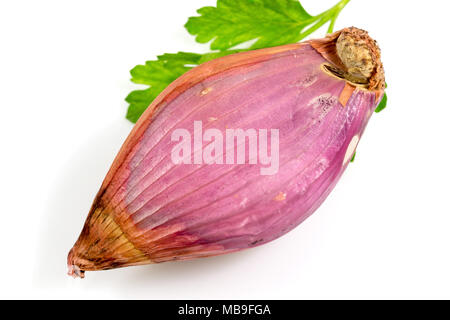 Red onions with parsley leaves isolated on white background, top view with clipping path Stock Photo