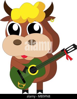 Funny little bull with a green guitar. Horoscope. Taurus Zodiac sing. Stock Vector