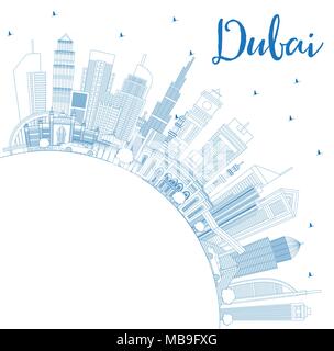 Outline Dubai UAE City Skyline with Blue Buildings and Copy Space. Vector Illustration. Business Travel and Tourism Illustration Stock Vector