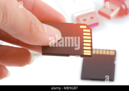Hand holds SD card, memory card, (camera card) against usb, flash drive with sunrise background. Stock Photo
