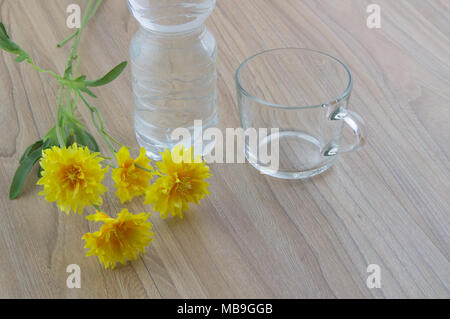 Close-up picture of a empty glass of water, bottle water and flowers on the wood table in natural background. Stock Photo