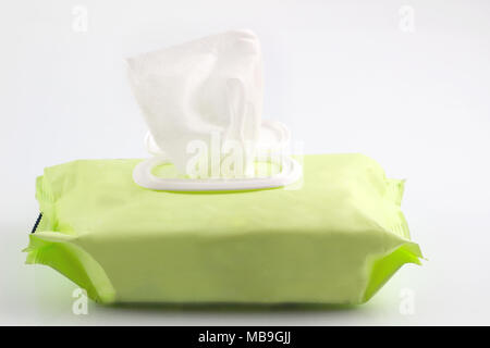 Wet wipes in package box isolated white background, with clipping path. Stock Photo
