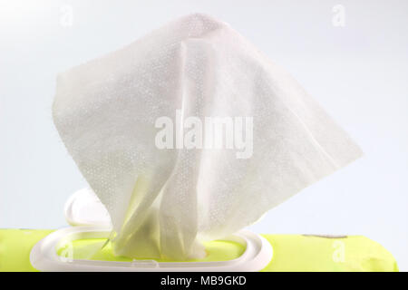 close up on baby wipes in package box isolated white background, with clipping path. Stock Photo