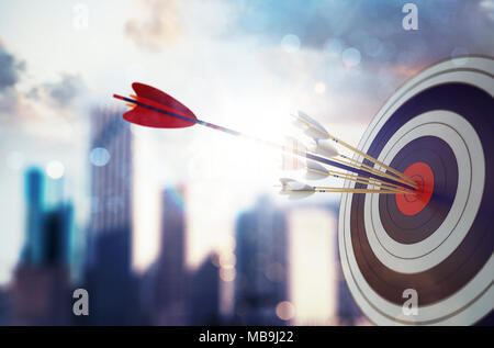 Arrow hit the center of target with modern skyscraper background. Business target achievement concept. 3D Rendering Stock Photo