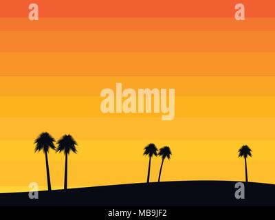 Silhouettes of palm trees on a sunset background in the style of the 80s. Tropical sunrise or sunset. Vector illustration Stock Vector