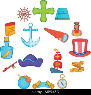 Columbus Day icons set, cartoon style Stock Vector