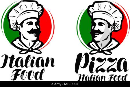 Cook, chef logo. Italian food, pizza symbol or label. Vector illustration typographic design Stock Vector