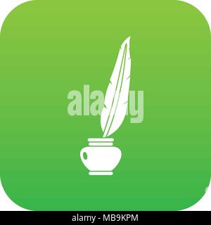 Feather quill pen standing in bottle of ink icon digital green Stock Vector