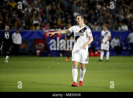 April 8, 2018 - Los Angeles, California, U.S - Los Angeles GalaxyÃ•s forward Zlatan Ibrahimovic (9) of Sweden, in actions during the 2018 Major League Soccer (MLS) match between Los Angeles Galaxy and Sporting Kansas City in Carson, California, April 8, 2018. Sporting Kansas City won 2-0. (Credit Image: © Ringo Chiu via ZUMA Wire) Stock Photo