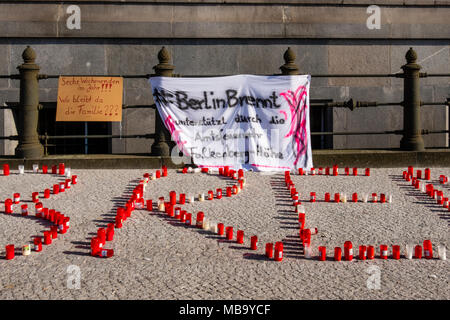 Germany Berlin, Mitte, 8th April 2018. Berlin Firefighters oppose austerity policies of state government in ‘Berlin Burns’ demonstration in Front of the Red Town Hall Firefighters are protesting about poor working conditions, lack of staff, old equipment and a recently introduced 12-hour shift system. A brazier carries their motto ’Berlin burns’ in a symbolic attempt to alert the public to the dangerous situation. The firefighters’ protest is directed against the Social Democratic-Left Party-Green Party coalition that runs the Berlin state government. credit: Eden Breitz/Alamy Live News Stock Photo