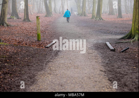 Thorndon Country Park, Brentwood, Essex, UK. 9th April, 2018. 9th April 2018   A heavy mist descended on Thorndon Country Park, Brentwood, Essex in mid-afternoon.  The park is popular with local dog walkers and ramblers.Credit Ian Davidson/Alamy Live News Stock Photo