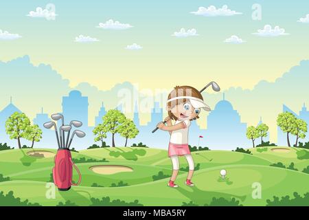 Girl plays golf on a golf course, vector illustration Stock Vector