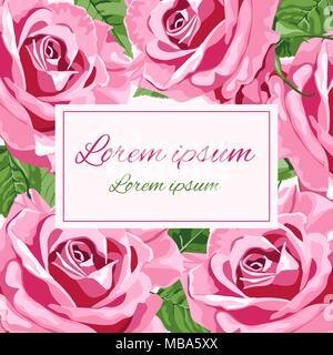 Vector wedding invitations with big pink roses and place for text. Floral design for greeting card Stock Vector
