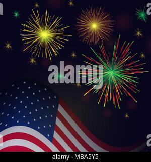 United States flag and celebration golden reg green fireworks vector background. Independence Day, 4th of July holidays salute greeting card. Stock Vector
