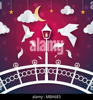 Dove, bird illustration. Cartoon paper bridge. Stock Vector