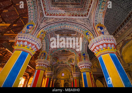 Interior of Durbar Hall, Thanjavur Maratha palace, Thanjavur, Tamil Nadu, India. Known locally as Aranmanai. Official residence of the Bhonsle family  Stock Photo