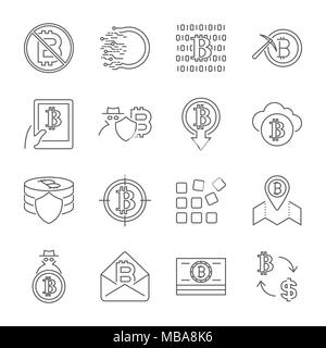 Blockchain Cryptocurrency Icons. Modern computer network technology sign set. Digital graphic symbol collection. Bitcoin mining. Concept design elements. Stock Vector