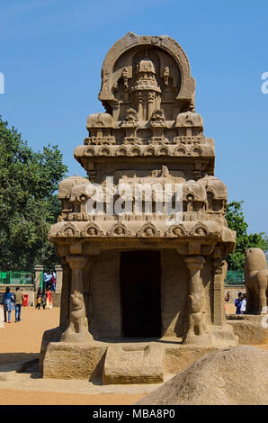 Outer view of Pancha Rathas, (also known as Five Rathas or Pandava Rathas) Mahabalipuram, Tamil Nadu, India. It is an example of monolithic Indian roc Stock Photo