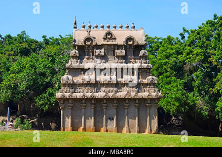 Carved temple near Krishna's Butter Ball, Mahabalipuram, Tamil Nadu, India Stock Photo