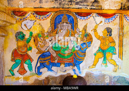 Colorful paintings on the inner wall of the Brihadishvara Temple, Thanjavur, Tamil Nadu, India. Hindu temple dedicated to Lord Shiva, it is one of the Stock Photo