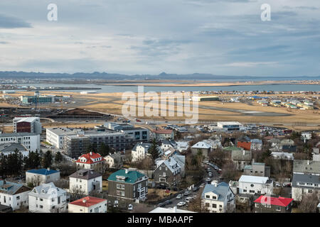 Reykjavik, Iceland. The view from the tower of Hallgrimskirkja church over Reykjavik Airport (RKV), the domestic airport for the city Stock Photo