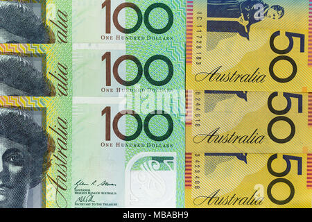 Currency banknotes spread across frame australian dollar in various denomination Stock Photo